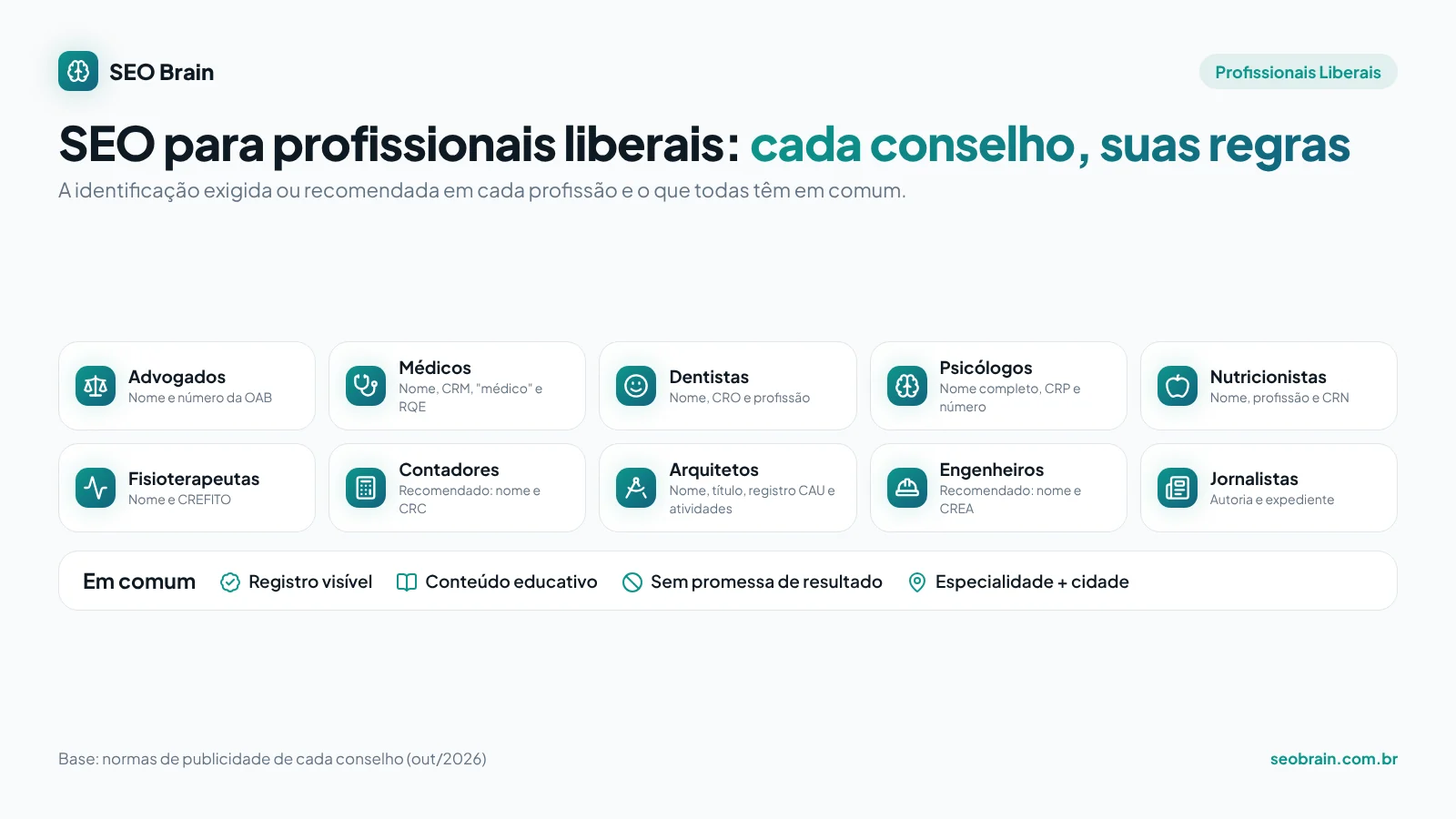 Infográfico com as dez profissões atendidas, a identificação profissional exigida ou recomendada em cada uma e as práticas comuns de SEO